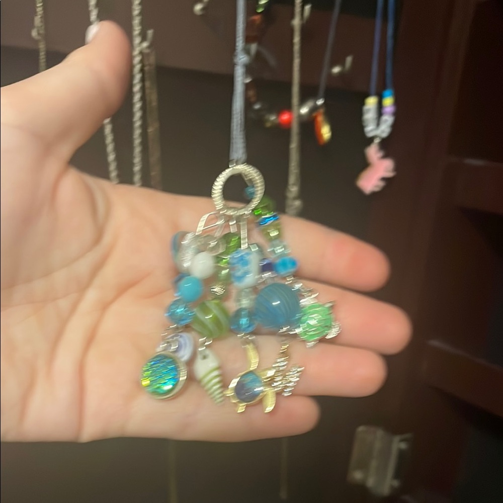 Blue and Green Beaded Charm Necklace